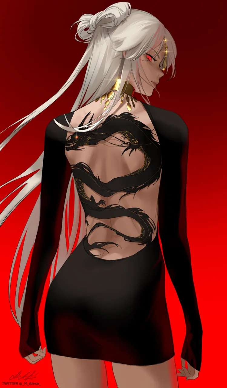 1girl artist_name ass back_tattoo backless_dress backless_outfit bare_back black_dress blonde_hair bow_shaped_hair closed_mouth cowboy_shot dragon_tattoo dress from_behind genshin_impact glowing gold_choker gradient_background hair_ornament jewelry long_hair long_sleeves looking_at_viewer looking_back m_alexa ningguang__genshin_impact profile red_background red_eyes signature simple_background sleeves_past_wrists solo tattoo twitter_username very_long_hair