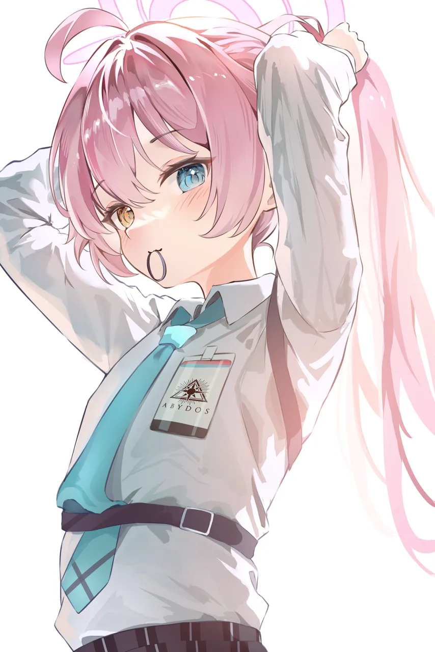 1girl ahoge belt blue_eyes blush bunching_hair closed_mouth hair_intakes hair_tie_in_mouth hairdressing halo heterochromia light_particles long_hair looking_at_viewer mouth_hold necktie pink_hair ponytail school_uniform shirt smile upper_body white_background white_shirt yellow_eyes umou__umouawa blue_archive hoshino__blue_archive