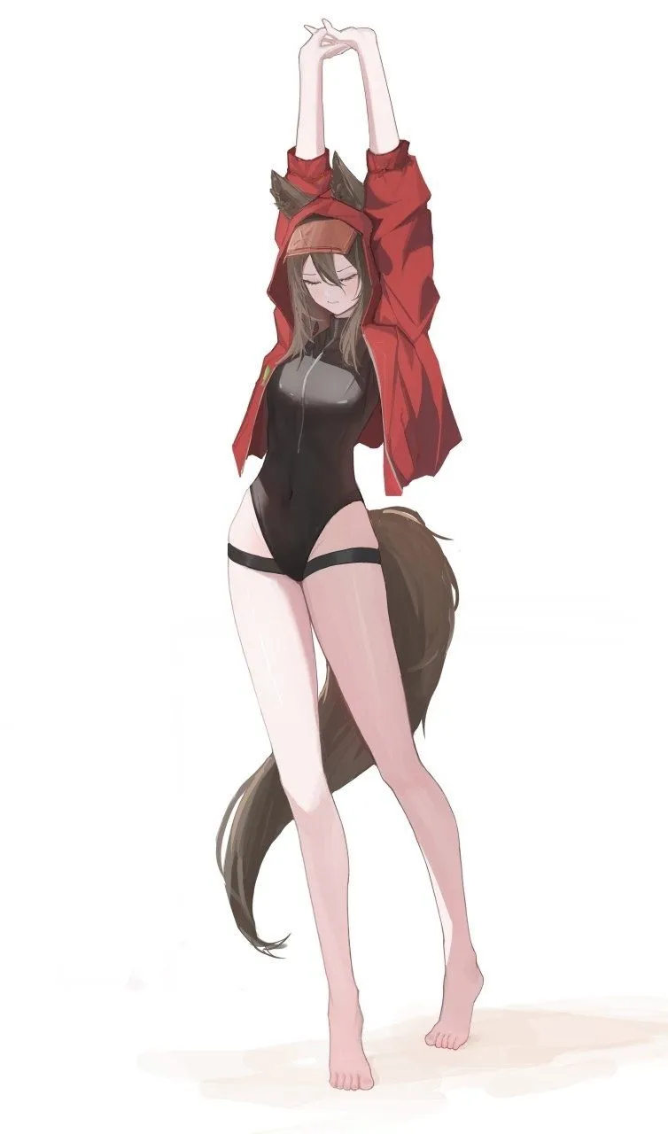 1girl animal_ears arms_up barefoot breasts dog_tail fox_tail full_body jacket leotard open_clothes open_jacket red_jacket simple_background solo standing stretch tail white_background wolf_tail arknights projekt_red__arknights