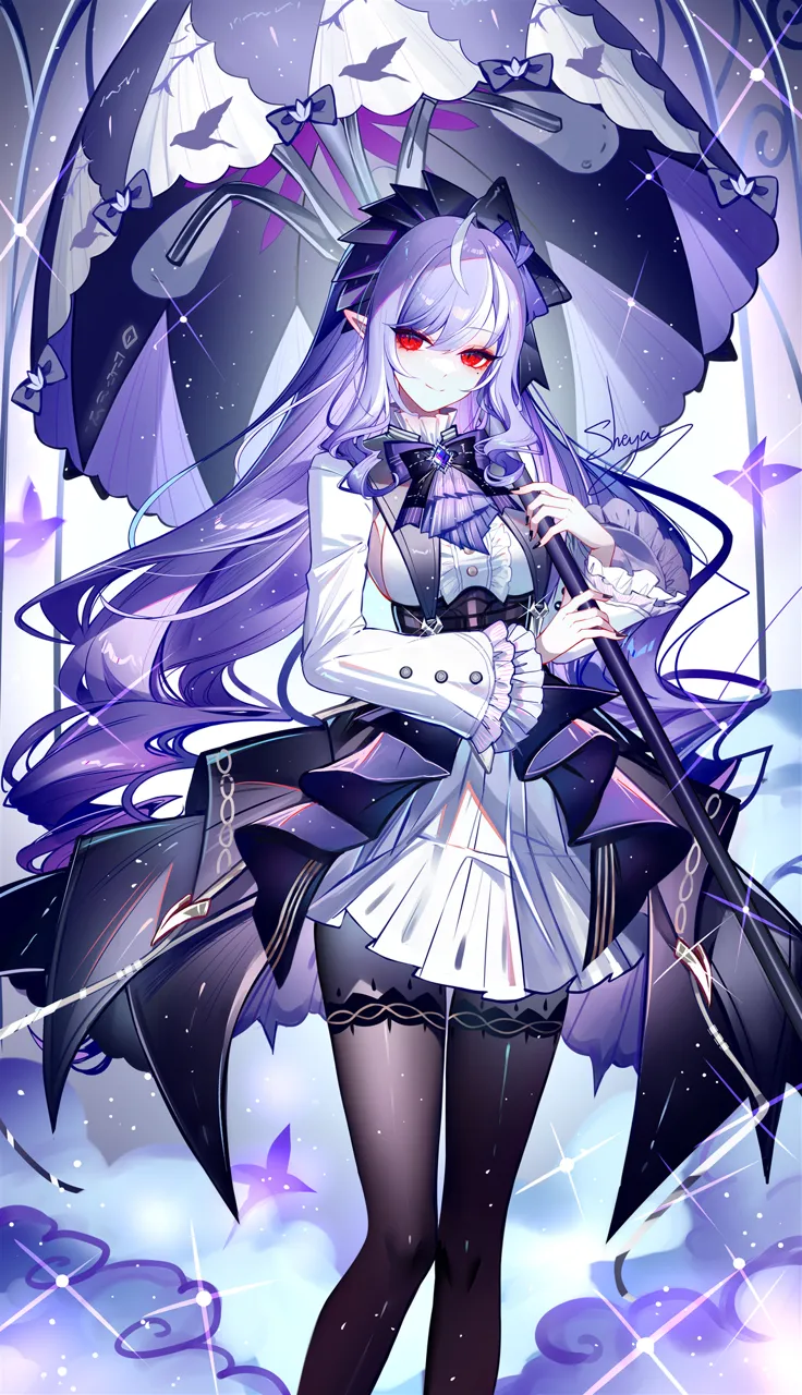 1girl ascot black_bow black_bowtie black_nails black_pantyhose black_skirt bow bowtie breasts center_frills closed_mouth cowboy_shot dress frilled_sleeves frills hair_bow holding holding_umbrella large_breasts long_hair long_sleeves looking_at_viewer multicolored_hair nail_polish overskirt pantyhose parasol patterned_legwear pointy_ears purple_ascot purple_bow purple_bowtie purple_hair purple_umbrella red_eyes sidelocks signature skirt smile solo streaked_hair umbrella very_long_hair white_dress sheya zenless_zone_zero vivian__zenless_zone_zero