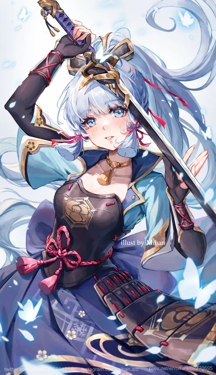 1girl amenoma_kageuchi__genshin_impact arm_guards armor blue_eyes blue_hair blunt_bangs blunt_tresses fingerless_gloves gloves hair_ornament hair_ribbon holding holding_sword holding_weapon japanese_armor japanese_clothes kamisato_clan__emblem light_blue_hair long_hair looking_at_viewer neck_tassel ponytail ribbon sidelocks smile solo sword tress_ribbon weapon mihan__mihan_art genshin_impact kamisato_ayaka__genshin_impact
