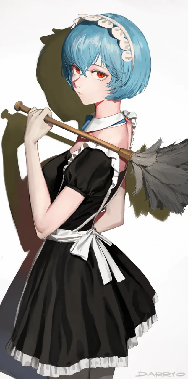 1girl alternate_costume apron blue_hair bob_cut cowboy_shot detached_collar duster enmaided feather_duster frills from_behind hair_between_eyes holding looking_at_viewer looking_back maid maid_apron maid_headdress parted_lips puffy_short_sleeves puffy_sleeves red_eyes shadow short_hair short_sleeves signature solo white_background darr1o neon_genesis_evangelion ayanami_rei__neon_genesis_evangelion
