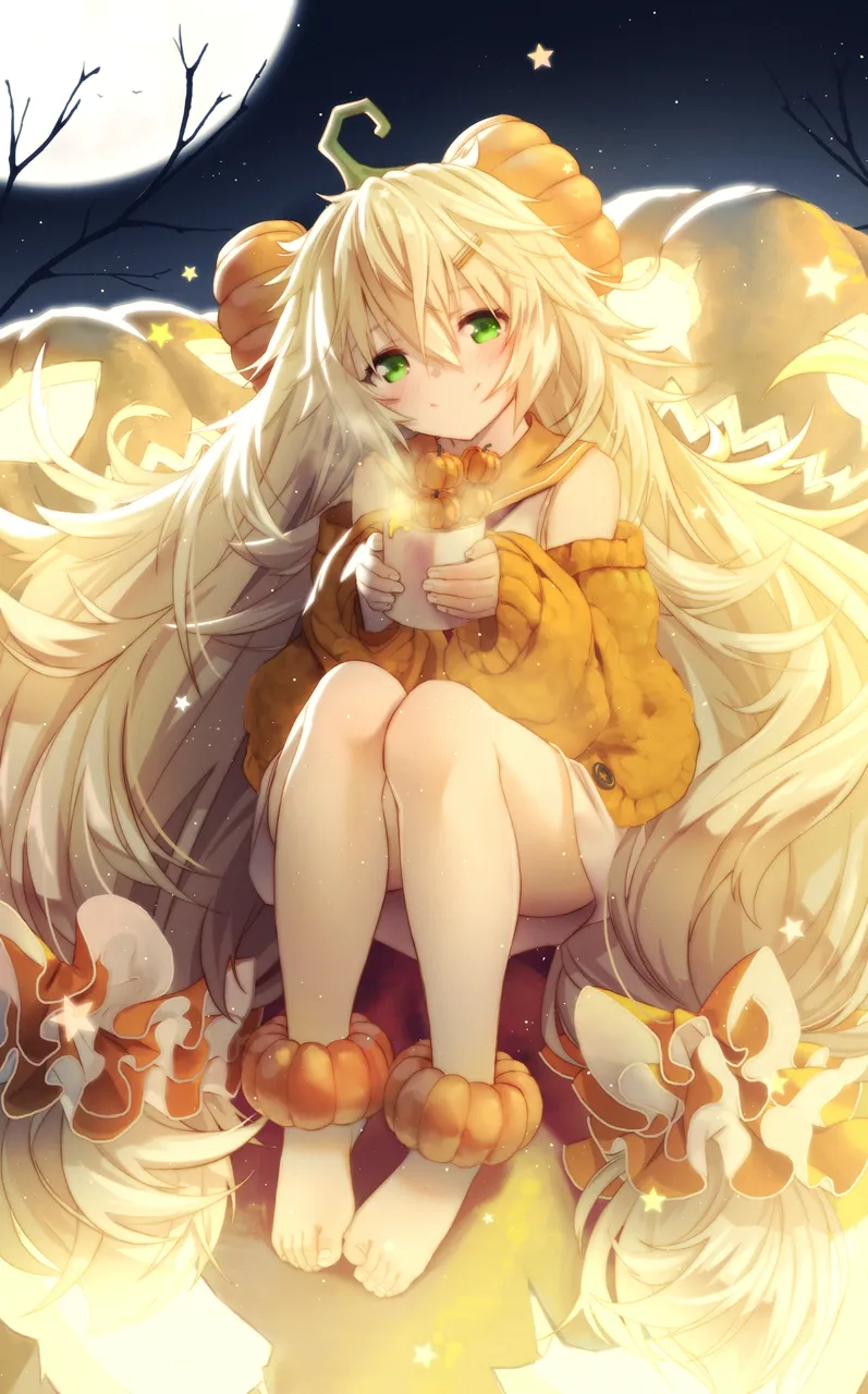 1girl baggy_clothes barefoot blonde_hair blush breasts cardigan cup dress feet fluffy food food_themed_hair_ornament full_body full_moon green_eyes hair_between_eyes hair_ornament hair_scrunchie hairclip halloween head_tilt holding holding_cup jack_o__lantern legs_together long_hair looking_at_viewer low_twintails medium_breasts messy_hair moon moon_print neckerchief night night_sky off_shoulder official_alternate_costume open_cardigan open_clothes orange_sailor_collar orange_scrunchie orange_sweater outdoors pumpkin pumpkin_hair_ornament pumpkin_soup red_neckerchief sailor_collar sailor_dress scrunchie sidelocks sitting sky smile solo star__sky star__symbol star_print starry_sky steam sweater twintails very_long_hair watermark weapon white_dress songchuan_li girls__frontline s_a_t_8__girls__frontline s_a_t_8__pumpkin_skewers__girls__frontline