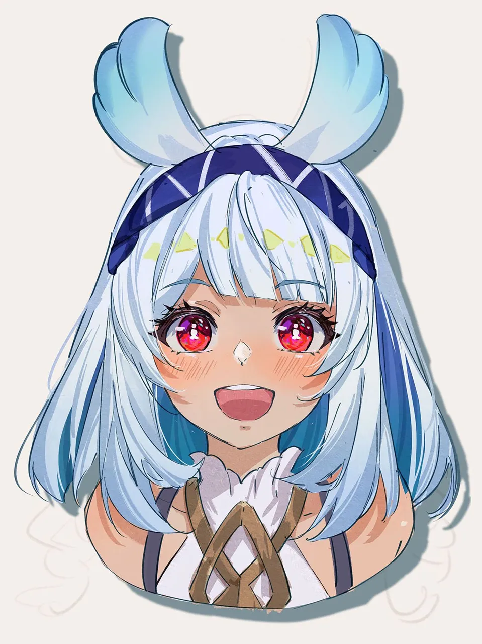 1girl blue_hair blunt_bangs blush collarbone cropped_shoulders hairband hime_cut looking_at_viewer multicolored_hair open_mouth red_eyes simple_background sketch smile tan teeth two_tone_hair upper_body upper_teeth_only mihan__mihan_art genshin_impact mualani__genshin_impact