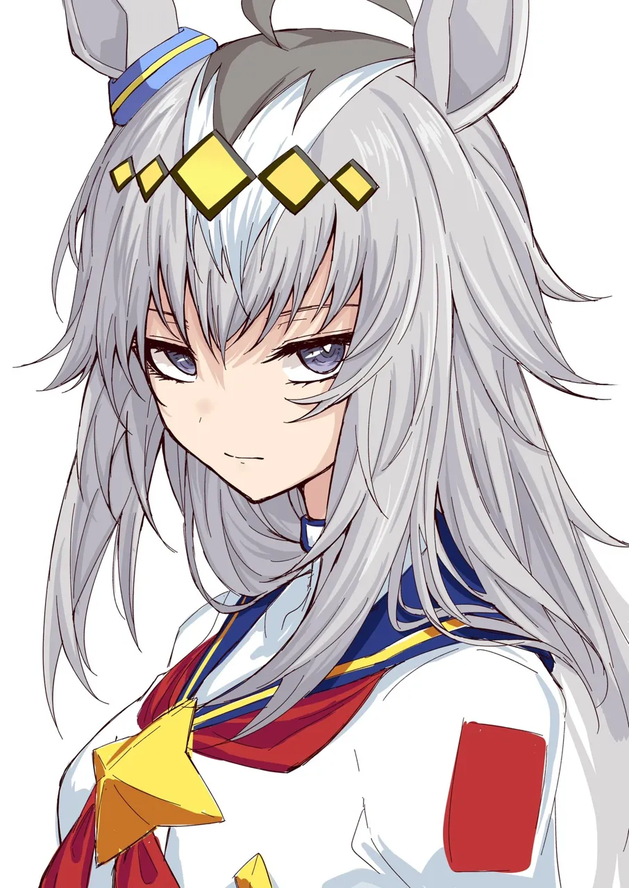 1girl ahoge animal_ears blue_eyes bow ear_bow ear_covers ear_ornament grey_hair hair_between_eyes hairband horse_ears horse_girl long_hair long_sleeves neckerchief red_neckerchief sailor_collar sailor_shirt school_uniform serafuku shirt simple_background solo white_background white_serafuku amaxa umamusume oguri_cap__umamusume