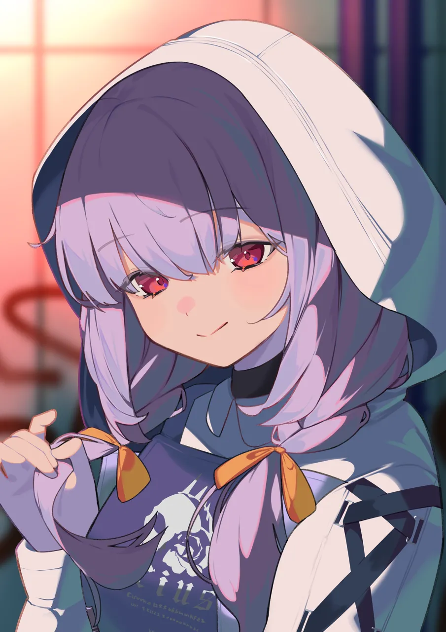 1girl apron bow hair_bow hood hood_up hooded_jacket jacket long_hair long_sleeves orange_bow purple_apron purple_hair red_eyes solo upper_body white_jacket hijo__nakare2845 blue_archive atsuko__blue_archive