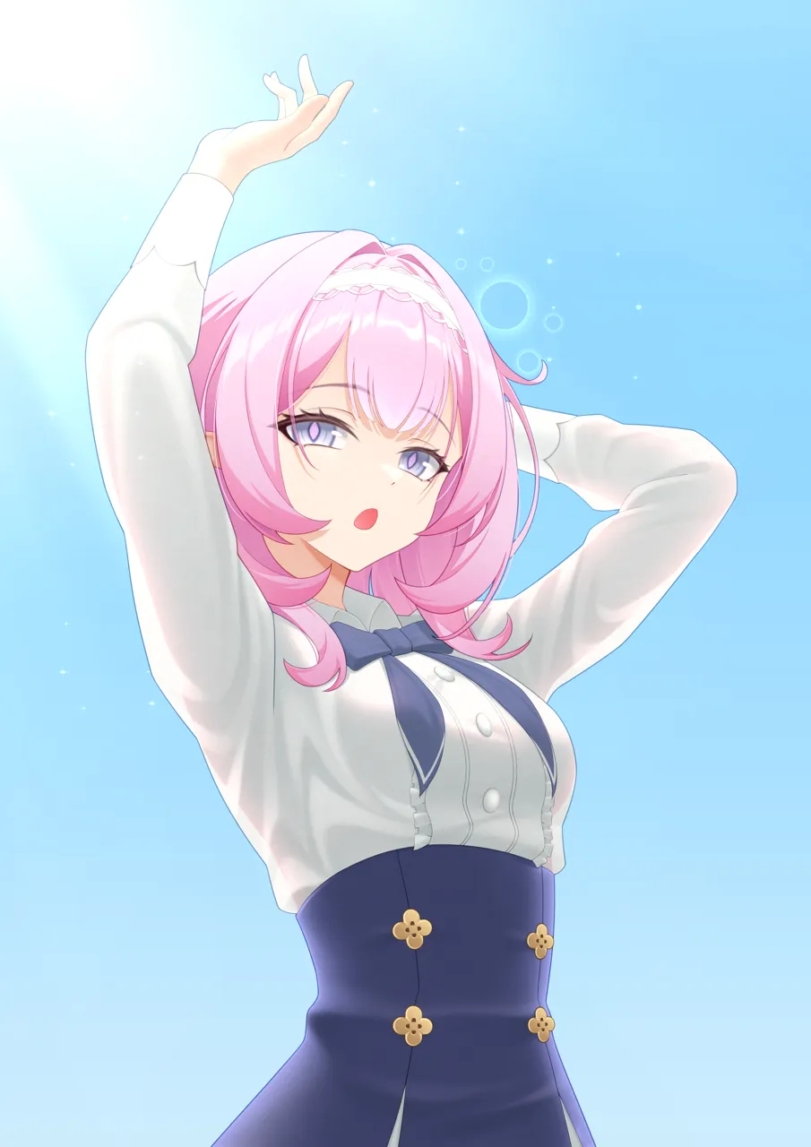 1girl arm_up blue_bow blue_eyes blue_skirt blue_sky bow bowtie breasts collared_shirt day hairband high_waist_skirt looking_at_viewer medium_breasts medium_hair official_alternate_costume open_mouth pink_hair pink_pupils pointy_ears shirt sidelocks skirt sky solo upper_body white_hairband white_shirt sasaki3rd honkai__series honkai_impact_3rd elysia__honkai_impact