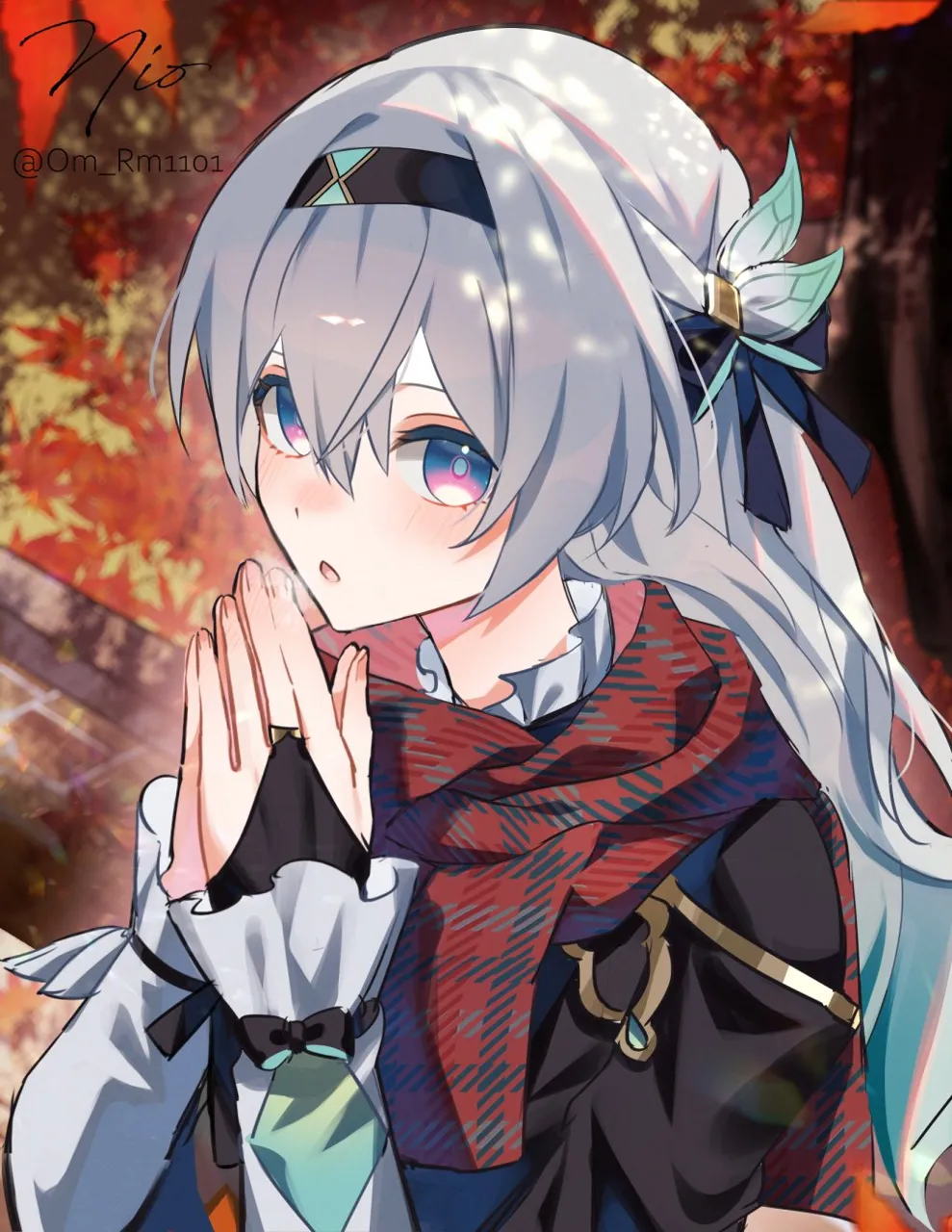 1girl alternate_costume autumn autumn_leaves black_hairband blue_pupils breath grey_hair hair_intakes hairband leaf long_hair long_sleeves multicolored_eyes red_scarf scarf solo two_tone_eyes om_rm1101 honkai__star_rail honkai__series firefly__honkai__star_rail