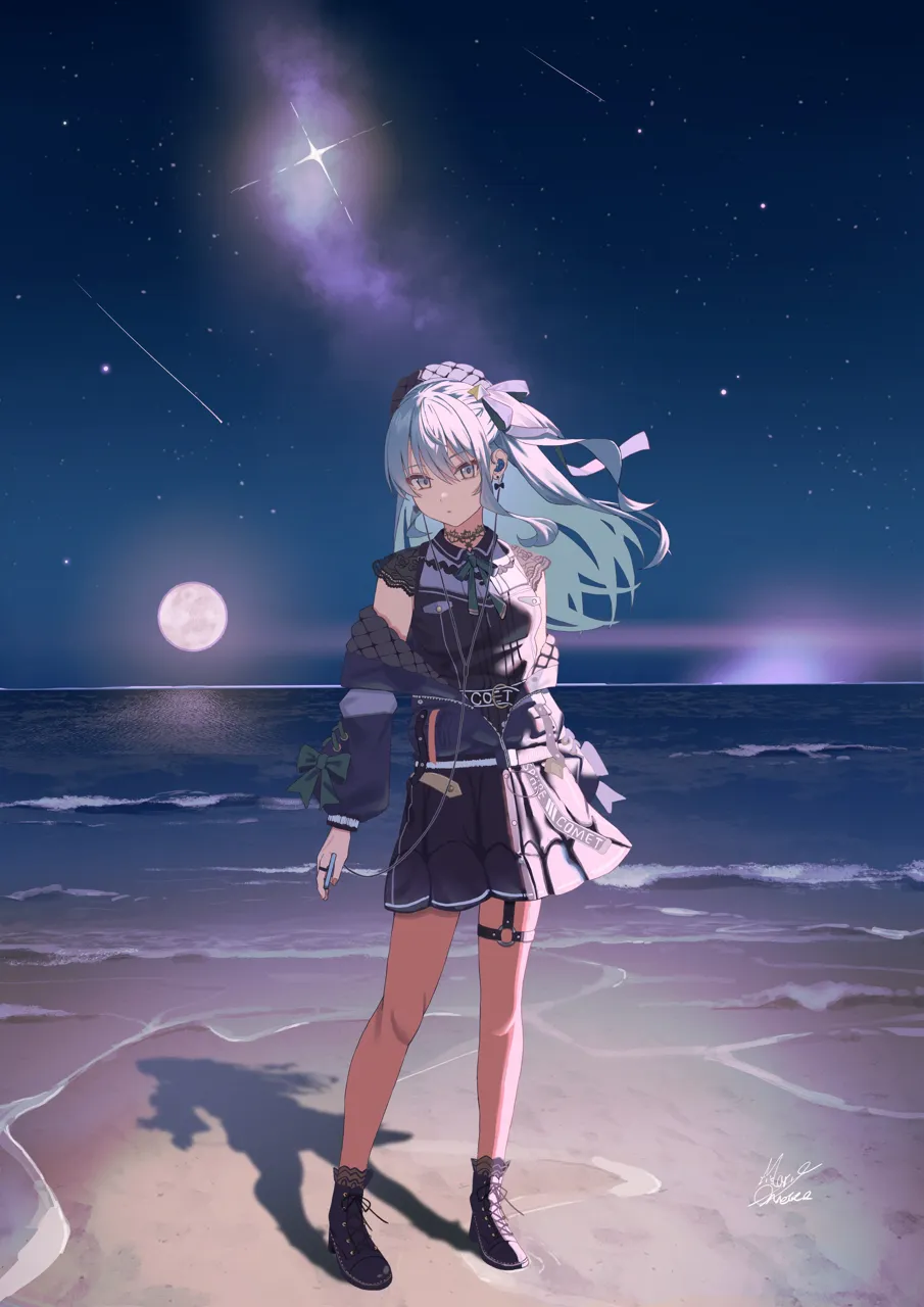 1girl beach beret black_boots black_choker black_dress black_hat blue_eyes blue_hair blue_jacket boots bow bow_earrings choker closed_mouth collared_dress dress earbuds earphones earrings expressionless full_body full_moon garter_straps green_ribbon hair_ribbon hat high_heel_boots high_heels holding holding_phone jacket jewelry lace lace_up_boots lace_choker lace_sleeves long_hair long_sleeves looking_at_viewer moon neck_ribbon night night_sky o_ring o_ring_thigh_strap ocean official_alternate_costume official_alternate_hairstyle orange_pantyhose outdoors pantyhose phone quilted_headwear quilted_jacket ribbon sand short_dress short_sleeves single_garter_strap skirt skirt_set sky solo standing star__sky star__symbol star_in_eye symbol_in_eye thigh_strap virtual_youtuber water maria_onnette hololive hoshimachi_suisei__hololive hoshimachi_suisei__casual__hololive