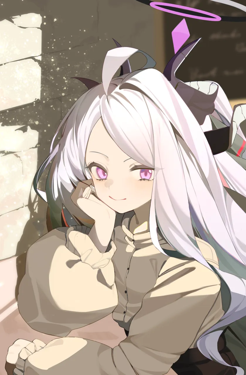 1girl ahoge alternate_costume brick_wall buttons casual closed_mouth demon_horns forehead halo hand_on_own_cheek hand_on_own_face horns light_blush long_hair looking_at_viewer purple_eyes purple_halo smile solo sweater upper_body white_hair hijo__nakare2845 blue_archive hina__blue_archive