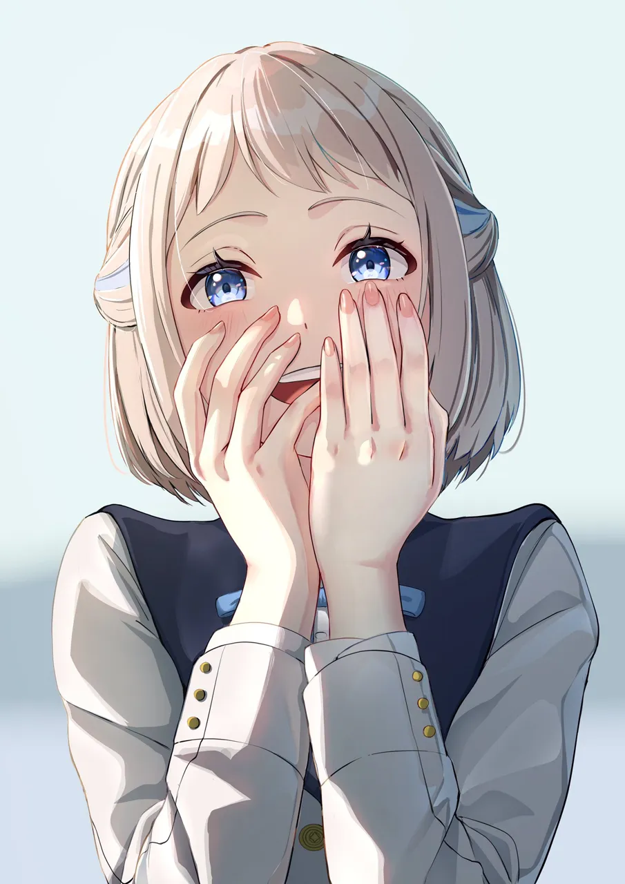 1girl blue_eyes blue_hair blurry blush depth_of_field grey_hair hands_on_own_cheeks hands_on_own_face hatsuboshi_gakuen_school_uniform jacket looking_at_viewer multicolored_hair open_mouth school_uniform short_hair smile solo two_tone_hair upper_body yami_anko gakuen_idolmaster idolmaster katsuragi_lilja__idolmaster