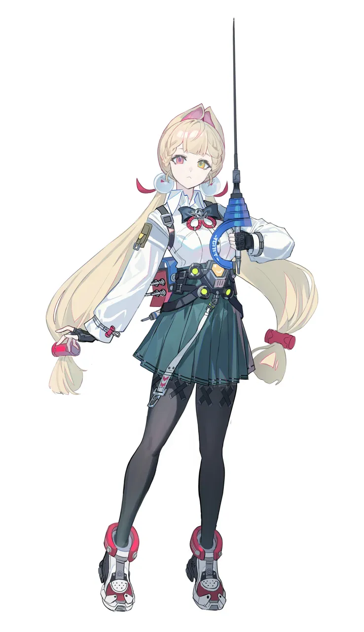 1girl animal_ears black_gloves black_pantyhose blonde_hair blue_skirt breasts closed_mouth collared_shirt fingerless_gloves full_body gloves hair_ornament heterochromia holding holding_sword holding_weapon long_hair long_sleeves pantyhose pom_pom__clothes pom_pom_hair_ornament rapier red_eyes shirt shoes shorts skirt sneakers solo sword twintails very_long_hair weapon white_background white_shirt yellow_eyes echj zenless_zone_zero alice_thymefield