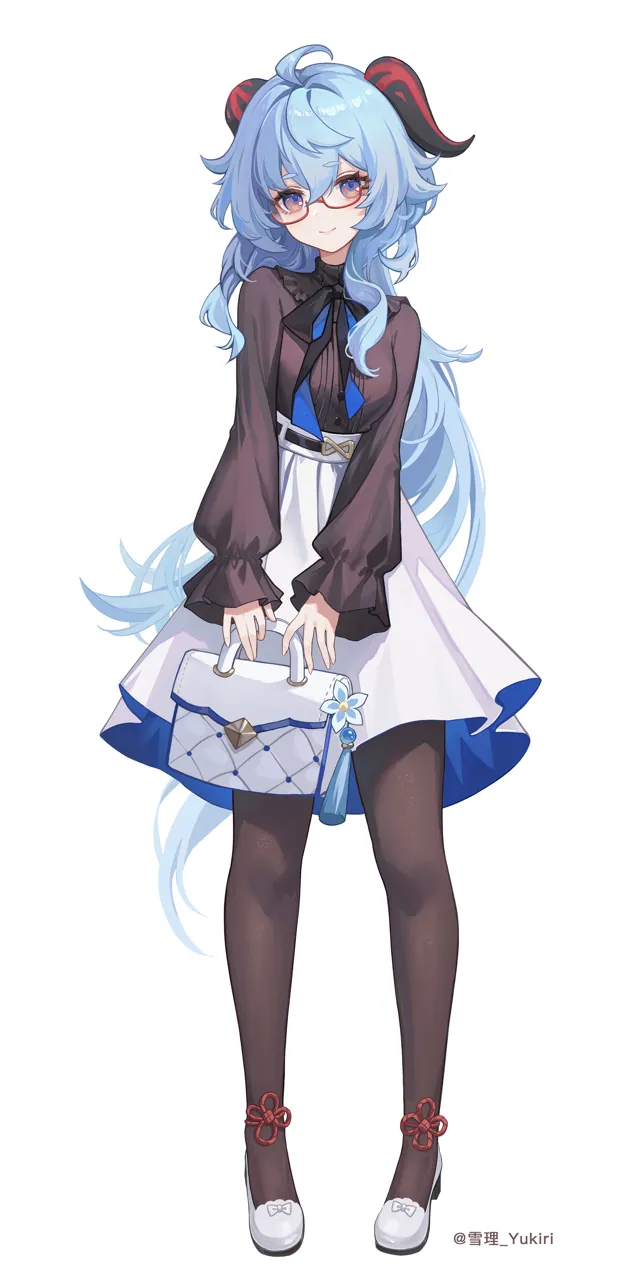 1girl ahoge bag belt black_belt black_bow black_bowtie blue_hair blush bow bowtie breasts brown_pantyhose closed_mouth full_body glasses goat_horns gradient_eyes handbag high_waist_skirt holding holding_bag horns long_hair long_sleeves looking_at_viewer low_ponytail medium_breasts multicolored_eyes official_alternate_costume pantyhose ponytail purple_eyes red_framed_eyewear shirt shoes sidelocks simple_background skirt sleeves_past_wrists smile solo standing turtleneck two_tone_bow two_tone_bowtie white_background white_bag white_shoes white_skirt yukiri__l_ii genshin_impact ganyu__china_merchants_bank__genshin_impact ganyu__genshin_impact