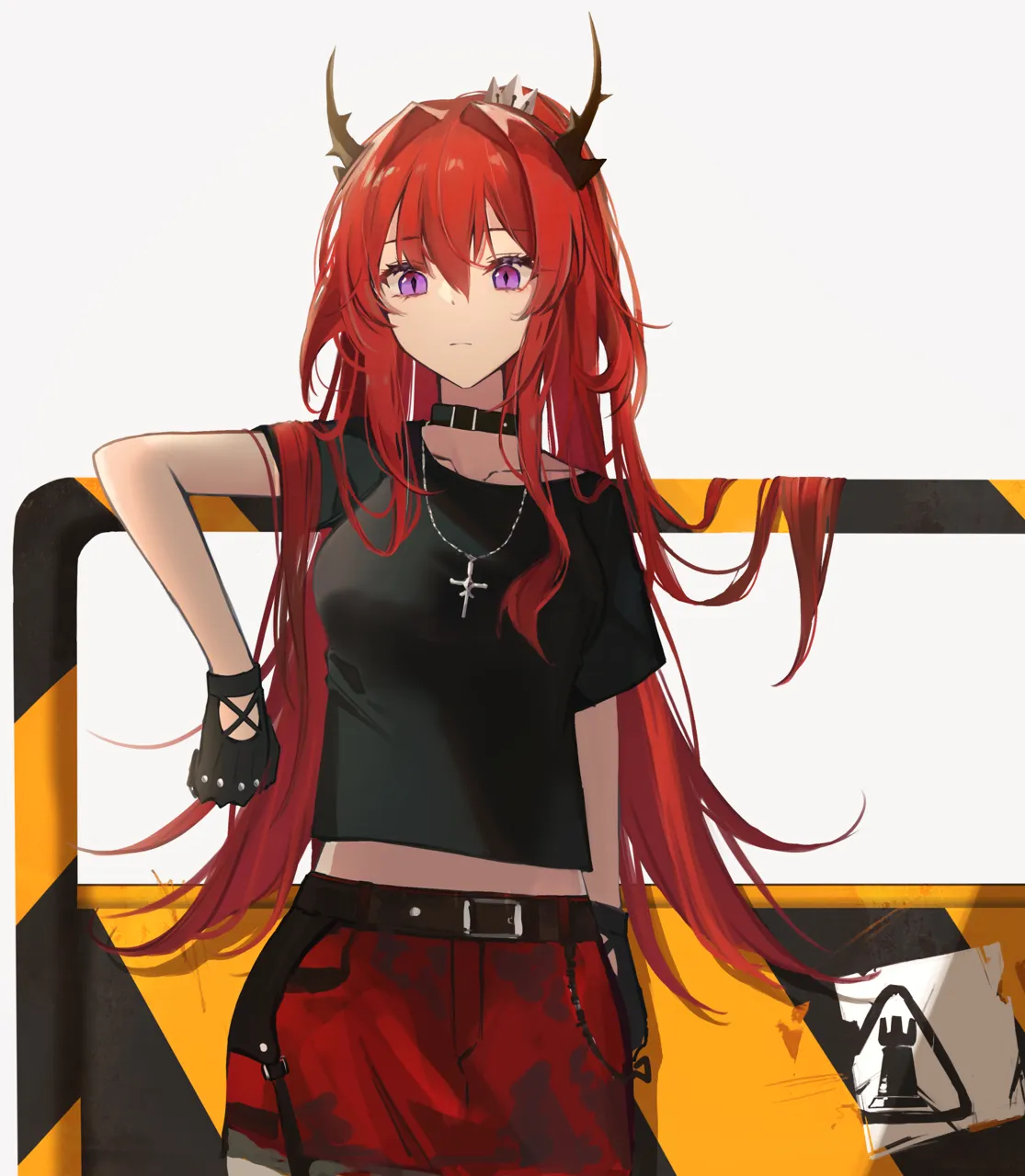 1girl black_choker black_gloves black_shirt choker collarbone cross cross_necklace demon_girl demon_horns gloves hair_between_eyes horns jewelry long_hair necklace official_alternate_costume purple_eyes red_hair red_skirt shirt skirt solo upper_body kokao358 arknights surtr__arknights surtr__liberte_echec__arknights