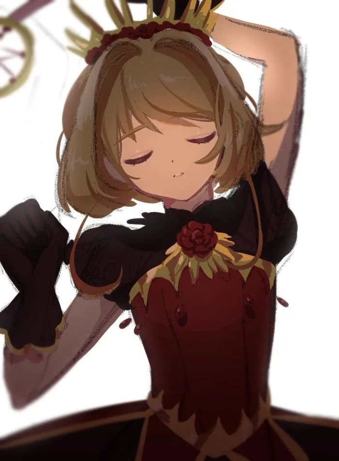 1girl arm_up bangs black_gloves blurry blurry_background blurry_foreground brown_hair closed_eyes depth_of_field flower gloves parted_lips red_flower red_rose rose short_hair simple_background solo upper_body white_background umineko_no_naku_koro_ni