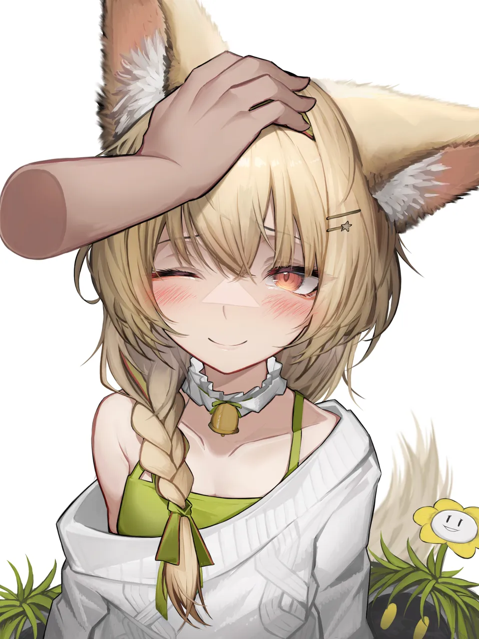 1girl bell blush braid breasts brown_hair collar collarbone crossed_bangs disembodied_hand dress flower flower_on_head frilled_collar frills green_dress green_ribbon hair_between_eyes hair_ornament hair_ribbon hairclip headpat hyena_ears hyena_girl hyena_tail long_hair looking_at_viewer neck_bell off_shoulder official_alternate_costume one_eye_closed ribbon simple_background small_breasts smile solo_focus star__symbol star_hair_ornament sweater upper_body white_background white_collar white_sweater tab_head arknights beanstalk__arknights beanstalk__gift_uncompleted__arknights domesticated_metal_crab__arknights