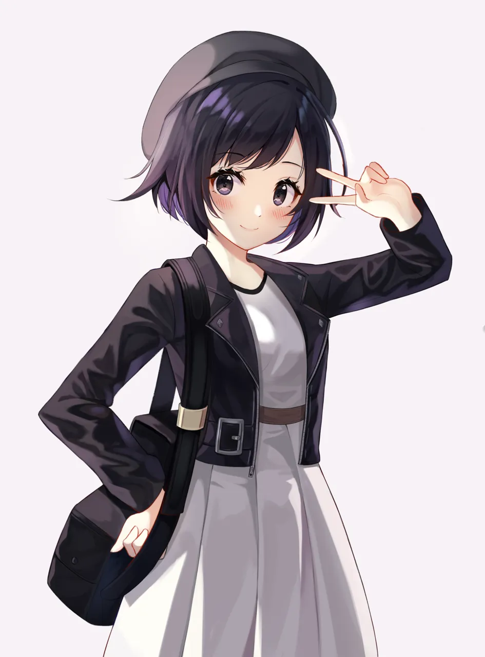 1girl black_bag black_hair black_jacket blush closed_mouth cowboy_shot grey_headwear hand_on_own_hip high_waist_skirt jacket long_sleeves looking_at_viewer open_clothes open_jacket pleated_skirt shirt short_hair simple_background skirt smile solo standing swept_bangs white_background white_shirt white_skirt niji__rudduf232 pokemon pokemon_swsh gloria__pokemon