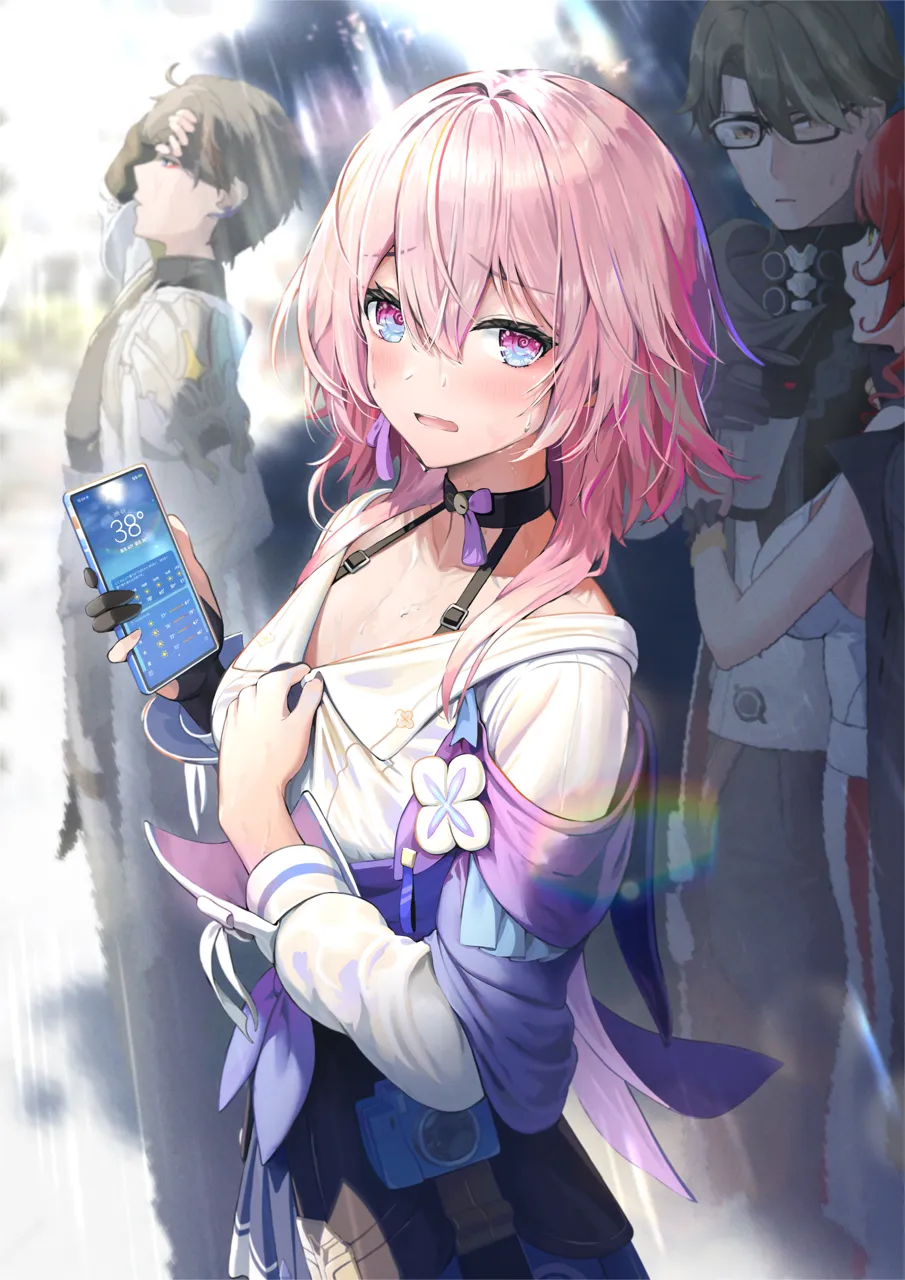 2boys 2girls black_framed_eyewear black_choker blue_eyes blue_jacket bra_strap cellphone choker glasses holding holding_phone jacket looking_at_viewer multiple_boys multiple_girls open_mouth phone pink_hair purple_eyes red_hair shirt short_hair smartphone upper_body white_shirt pi__p77777778 honkai__star_rail honkai__series dan_heng__honkai__star_rail dan_heng__hunt__honkai__star_rail himeko__honkai__star_rail march_7th__honkai__star_rail march_7th__preservation__honkai__star_rail welt_yang__honkai__star_rail