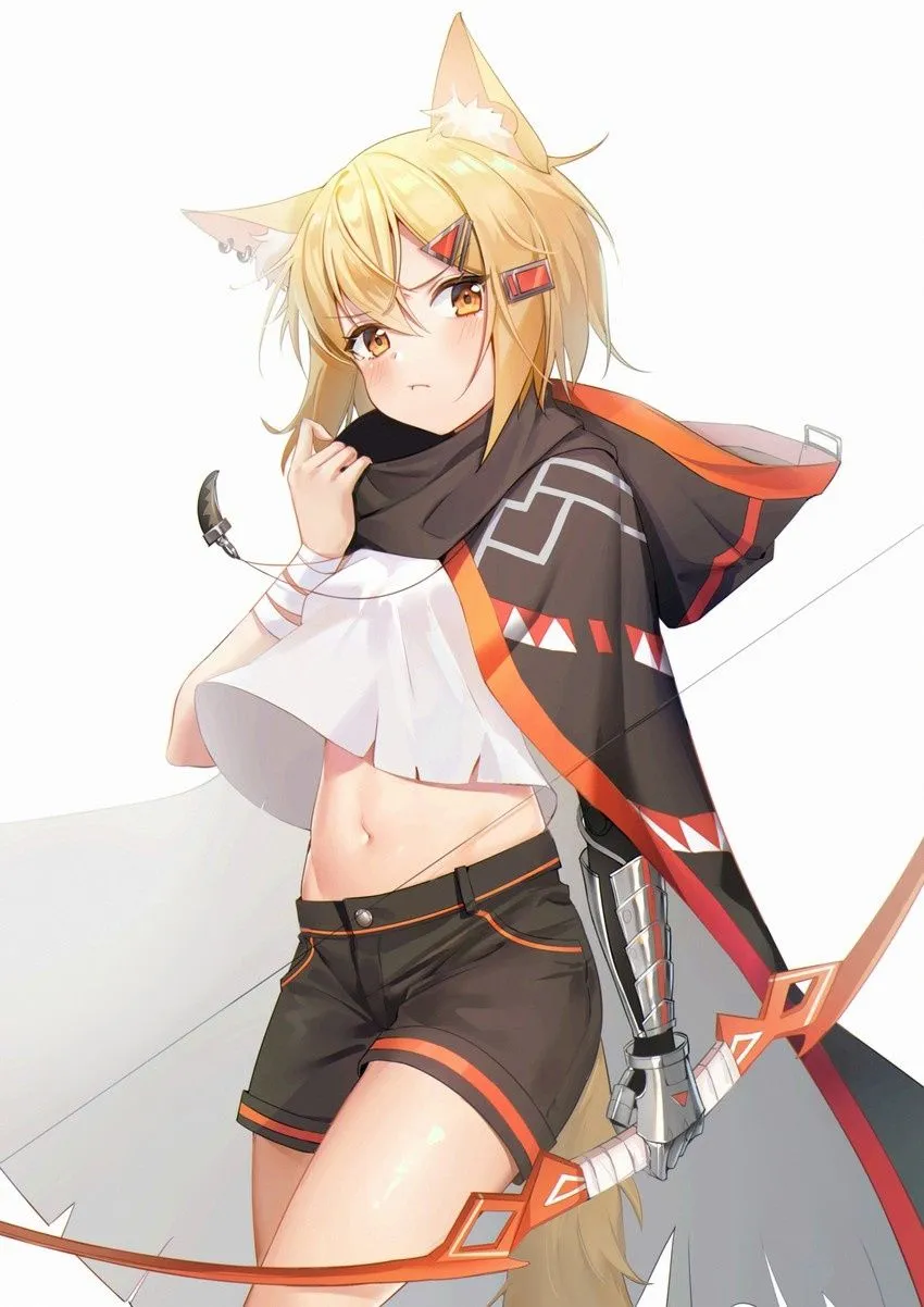 1girl animal_ear_fluff animal_ears bandaged_arm bandaged_leg bandages black_shorts blonde_hair blush bow__weapon cape cowboy_shot crop_top crop_top_overhang ear_piercing earrings fox_ears fox_girl fox_tail hair_ornament hairclip hood hooded_cape jewelry looking_at_viewer midriff navel notched_ear piercing prosthesis prosthetic_arm short_hair short_shorts shorts solo standing tail thighs arknights vermeil__arknights