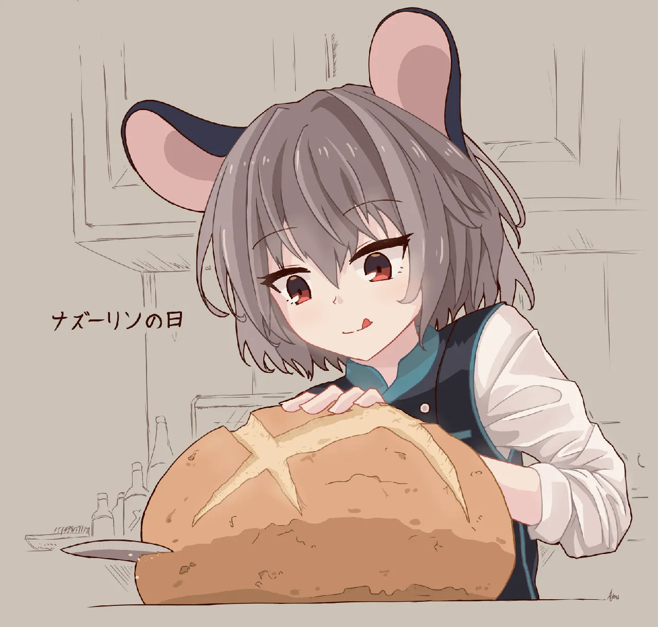 1girl alternate_costume animal_ears bottle bread food grey_background grey_hair knife loaf_of_bread long_sleeves mouse_ears red_eyes shirt short_hair solo tongue tongue_out upper_body vest white_shirt afensorm nazrin__touhou