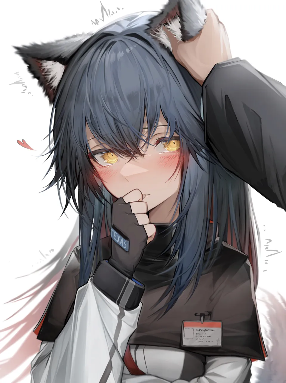 1girl animal_ears black_gloves black_hair black_jacket blush breasts character_name colored_inner_hair fingerless_gloves gloves hair_between_eyes hand_to_own_mouth hand_up heart id_card jacket long_sleeves looking_at_viewer multicolored_hair multicolored_jacket petting pov pov_hands red_hair rubbing_ears simple_background small_breasts solo_focus trembling two_tone_jacket upper_body white_background white_jacket wolf_ears yellow_eyes tab_head arknights texas__arknights
