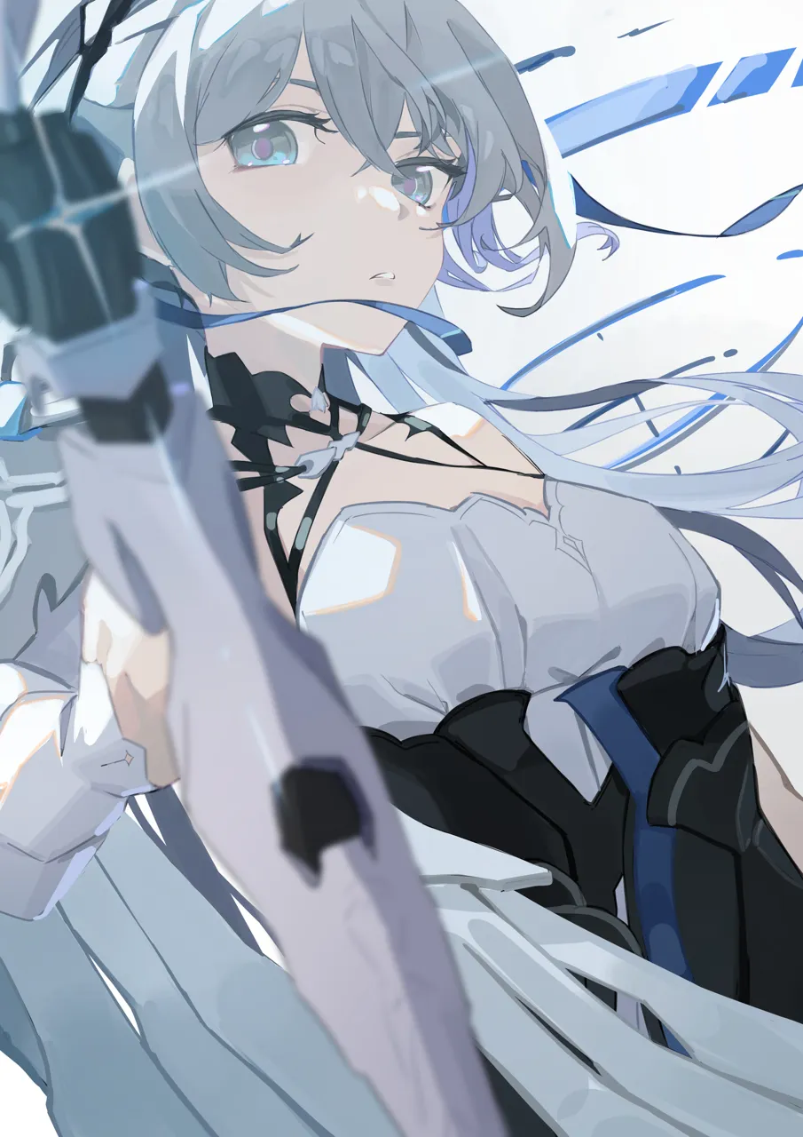 1girl aged_up aiming bare_shoulders breasts cleavage dress drill_hair grey_eyes grey_hair gun hair_between_eyes hair_ornament holding holding_gun holding_weapon jewelry large_breasts long_hair looking_at_viewer parted_lips pointing pointing_at_viewer simple_background sleeveless sleeveless_dress smile solo twin_drills weapon white_background white_dress lupinu5 honkai__series honkai_impact_3rd bronya_zaychik bronya_zaychik__silverwing__n_ex