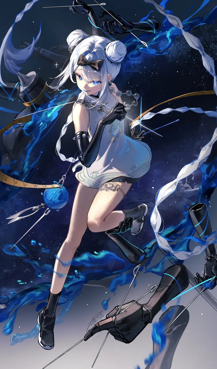 1girl black_bow black_gloves black_shoes blue_eyes bow double_bun dress elbow_gloves gloves hair_bow hair_bun hair_intakes long_braid long_hair needle shoes solo very_long_hair white_dress asona xinyue_tongxing sui_yinzi__xinyue_tongxing