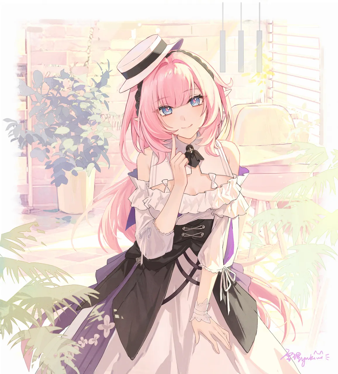 1girl alternate_costume bare_shoulders blue_eyes breasts cleavage closed_mouth collar cowboy_shot dress hat index_finger_raised indoors long_hair looking_at_viewer medium_breasts official_alternate_costume pink_eyes pointy_ears sidelocks signature smile solo white_collar white_dress white_hat yukiri__l_ii honkai__series honkai_impact_3rd elysia__honkai_impact elysia__sweet_memories__honkai_impact