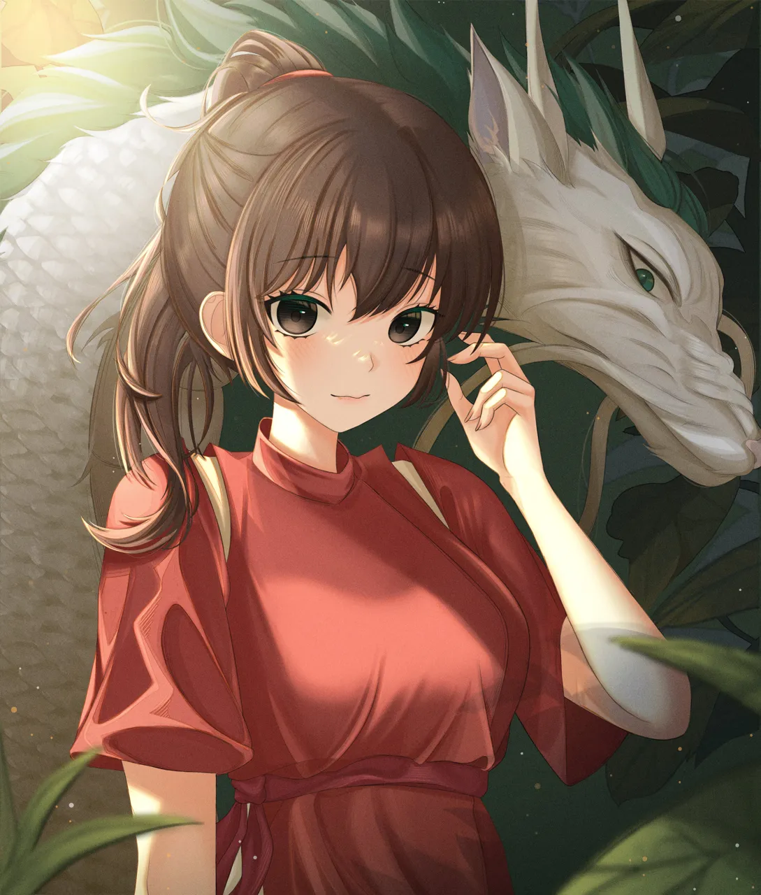 1boy 1girl belt black_eyes blush breasts brown_eyes brown_hair dragon eastern_dragon japanese_clothes leaf long_hair medium_breasts ponytail red_belt short_hair short_sleeves smile doongdang sen_to_chihiro_no_kamikakushi haku__sen_to_chihiro_no_kamikakushi ogino_chihiro__sen_to_chihiro_no_kamikakushi