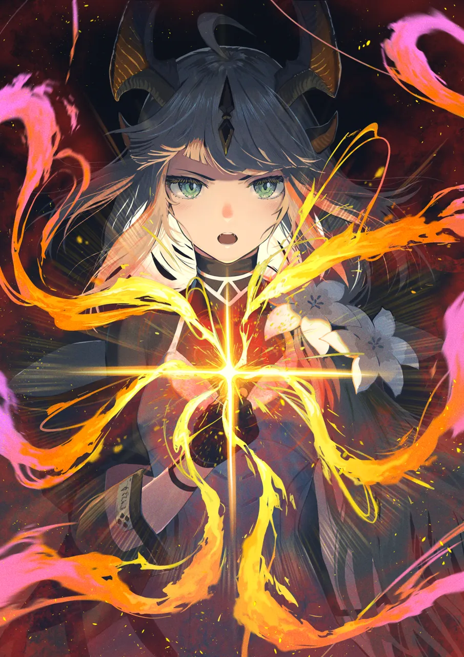 1girl ahoge black_background black_dress black_gloves blonde_hair dragon_girl dragon_horns dress fire gloves green_eyes horns light_in_heart long_hair long_sleeves looking_at_viewer official_alternate_costume solo upper_body pi__p77777778 arknights reed__arknights reed_the_flame_shadow__arknights