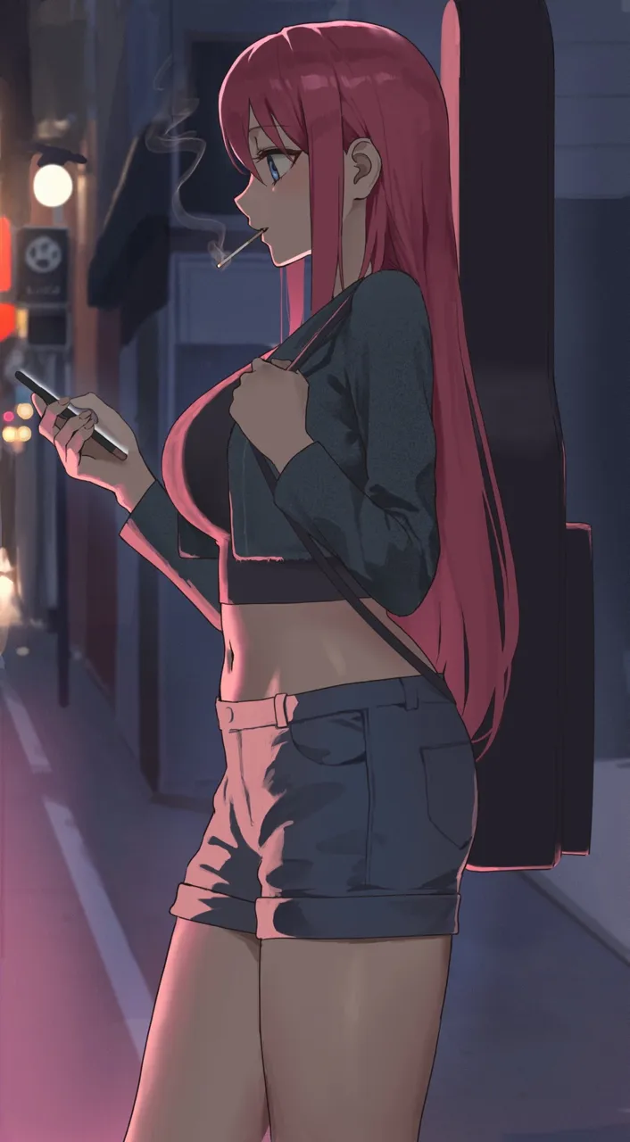 1girl aged_up anteiru blue_eyes bocchi_the_rock breasts cellphone cigarette crop_top from_side gotoh_hitori guitar_case holding holding_phone holding_strap instrument instrument_case instrument_on_back large_breasts long_hair looking_at_phone midriff navel night outdoors parted_lips phone pink_hair profile short_shorts shorts smartphone smoke smoking solo standing stomach thighs very_long_hair