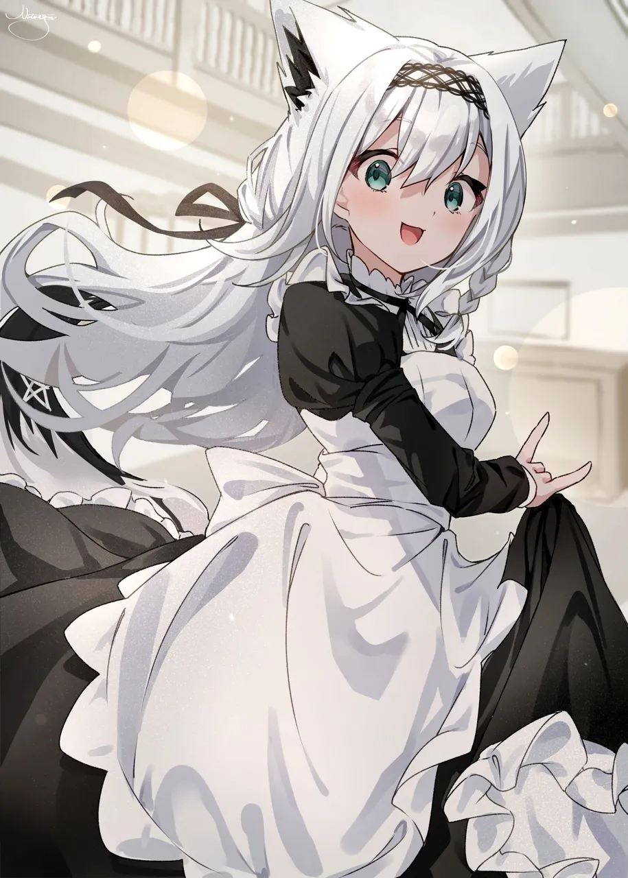 1girl ahoge alternate_costume animal_ear_fluff animal_ears apron bangs black_dress blush braid breasts clothes_lift dress enmaided eyebrows_visible_through_hair fox_ears fox_girl fox_tail frills green_eyes hair_between_eyes hair_ribbon long_hair looking_at_viewer maid open_mouth single_braid skirt_hold smile solo virtual_youtuber white_hair hololive shirakami_fubuki__hololive