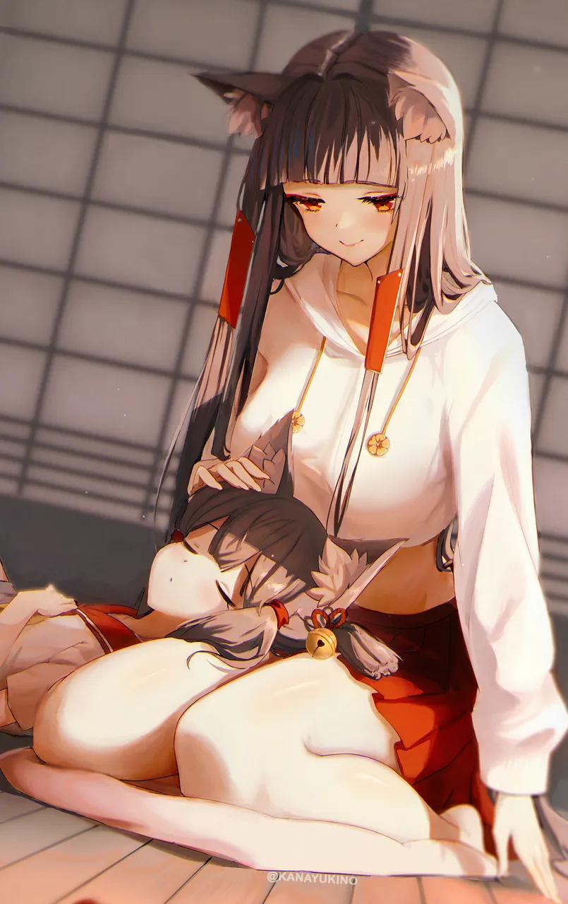 2girls animal_ears bare_legs bell blush breasts brown_hair casual closed_eyes eyeshadow fox_ears fox_girl full_body hair_bell hair_between_eyes hair_ornament hairclip half_closed_eyes hand_on_another_s_head hand_on_own_stomach happy headpat hood hood_down hoodie indoors lap_pillow long_hair looking_at_another makeup medium_breasts medium_hair mother_and_daughter multiple_girls no_tail orange_eyes parted_lips red_eyeshadow red_sailor_collar red_skirt sailor_collar sakura_empire__emblem school_uniform serafuku shirt sitting skirt sleeping smile thighs very_long_hair white_hoodie white_shirt kana_yukino azur_lane akagi_chan__azur_lane akagi__azur_lane