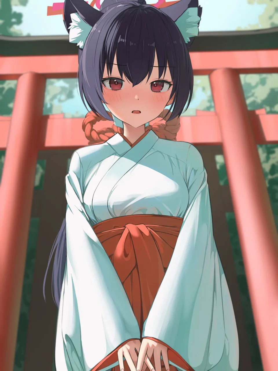 1girl animal_ear_fluff animal_ears bangs black_hair blurry blurry_background blurry_foreground blush braid breasts cat_ears depth_of_field eyebrows_visible_through_hair hair_between_eyes hakama hakama_skirt japanese_clothes kimono long_hair long_sleeves looking_at_viewer miko open_mouth outdoors parted_lips red_eyes red_hakama shrine skirt solo torii virtual_youtuber white_kimono wide_sleeves the_idolmaster_shiny_colors morino_rinze__the_idolmaster_shiny_colors