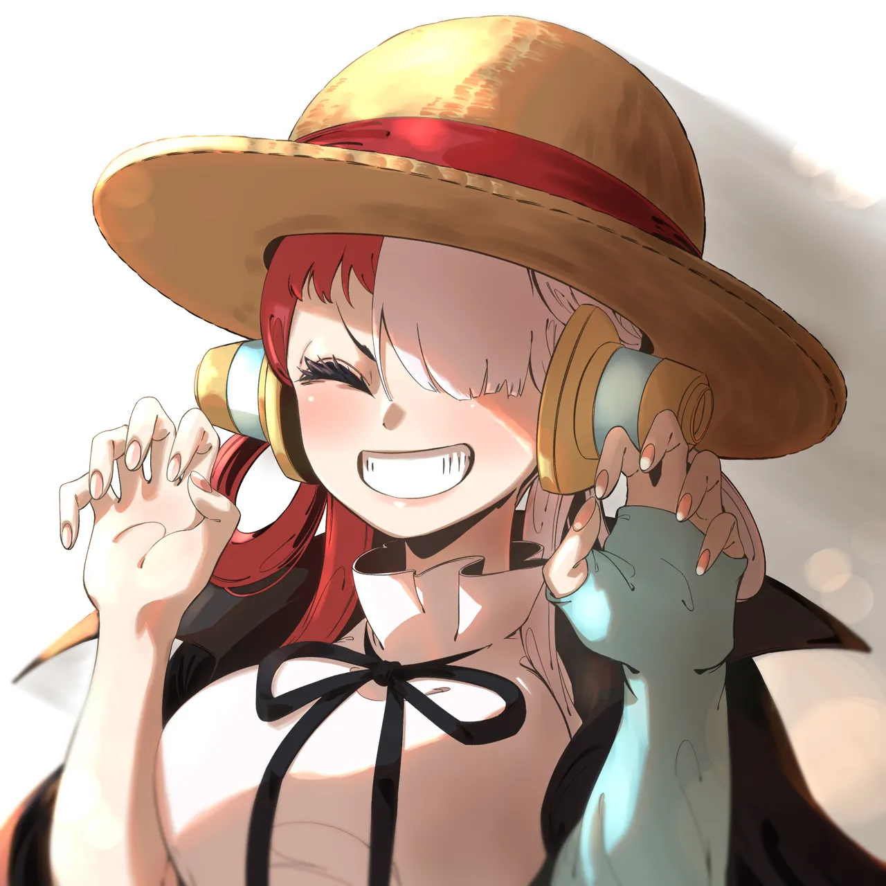 1girl closed_eyes grin hair_over_one_eye hair_rings hat headphones multicolored_hair red_hair single_sleeve smile split_color_hair straw_hat two_tone_hair white_background white_hair taiju__gr09kuma one_piece one_piece_film__red uta__one_piece