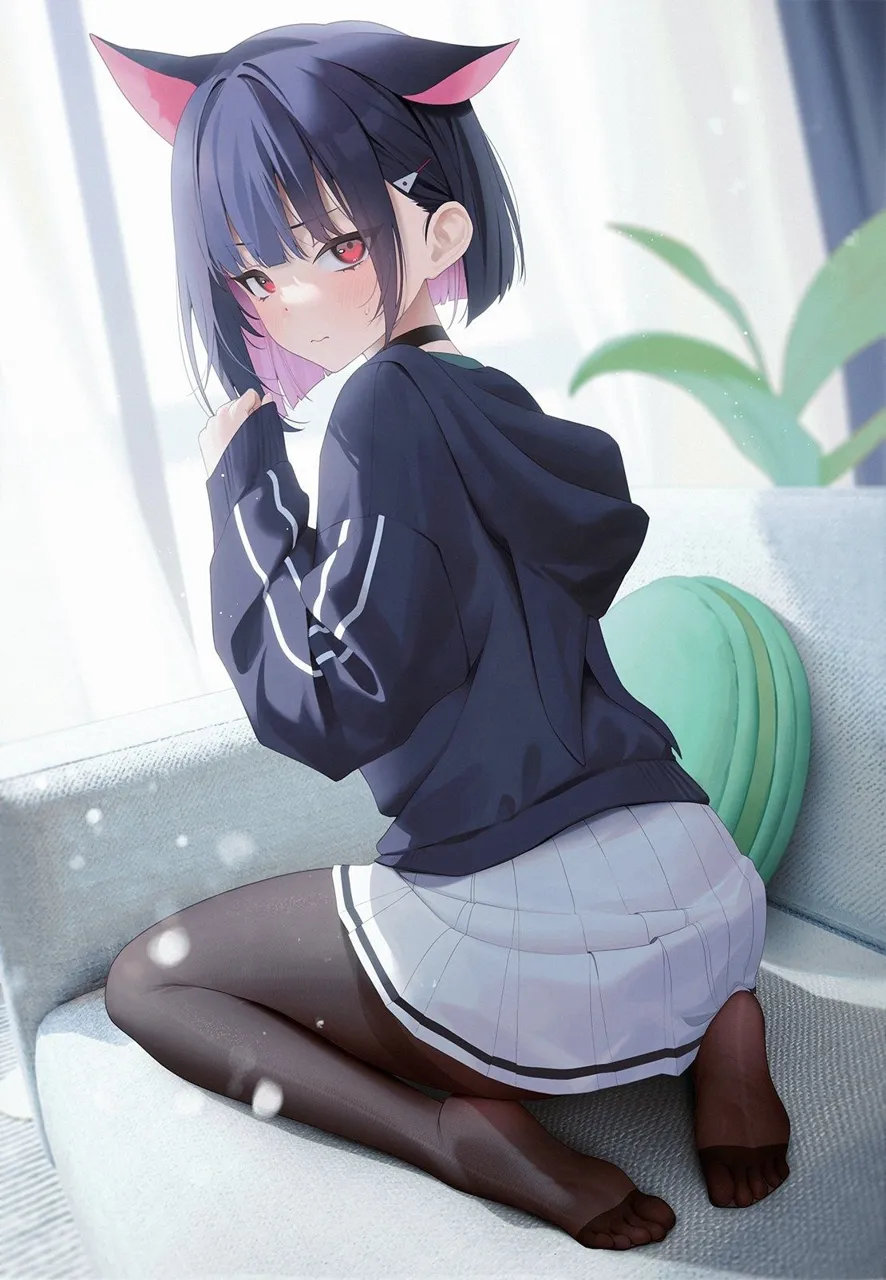 1girl animal_ears bangs black_hair black_legwear blush cat_ears curtains earrings eyebrows_visible_through_hair feet hair_ornament hairclip hood hood_down hoodie long_sleeves looking_at_viewer mole multicolored_hair no_shoes pantyhose plant pleated_skirt potted_plant red_eyes short_hair sitting skirt soles solo tail wariza white_skirt blue_archive kyoyama_kazusa__blue_archive