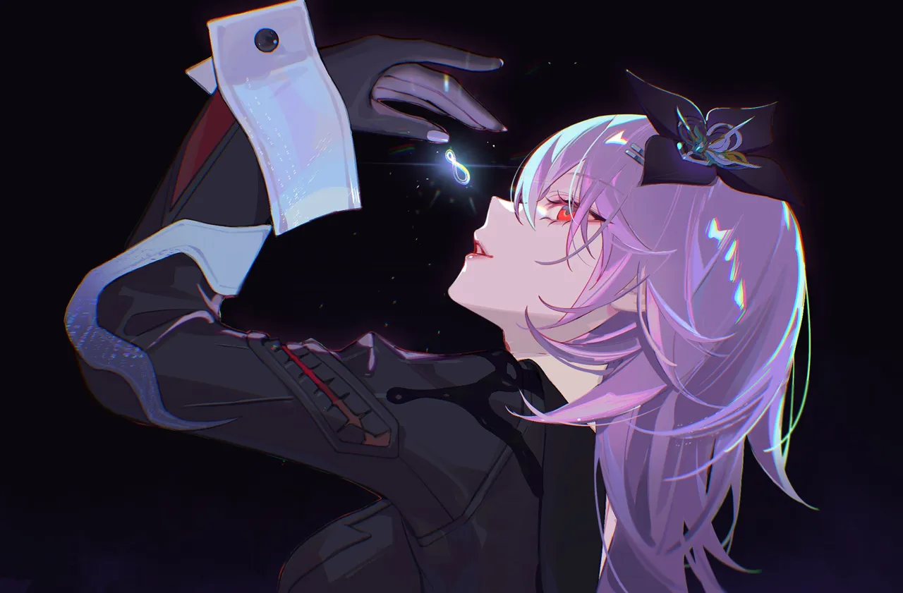 1girl arm_up black_background black_flower black_gloves black_jacket flower from_side gloves hair_between_eyes hair_flower hair_ornament jacket long_hair long_sleeves looking_at_viewer looking_to_the_side official_alternate_costume official_alternate_eye_color parted_lips pink_hair profile red_eyes solo upper_body jesse__pixiv34586727 honkai__star_rail honkai__series evernight__honkai__star_rail march_7th__honkai__star_rail