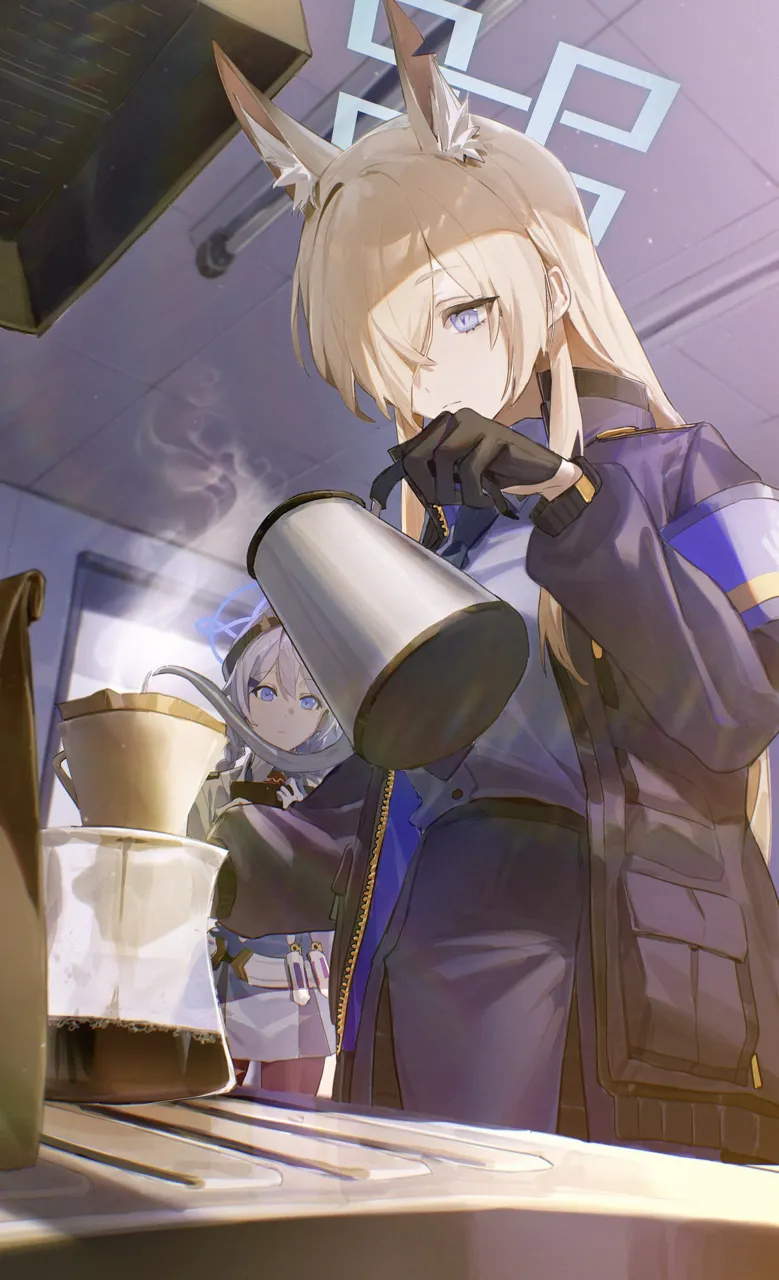 2girls animal_ears armband black_gloves black_jacket blonde_hair blue_armband blue_eyes blue_halo blue_skirt braid ceiling closed_mouth coffee_maker dog_ears dog_girl gloves hair_over_one_eye halo holding indoors jacket long_sleeves looking_at_object low_twin_braids multiple_girls open_clothes open_jacket pantyhose police police_uniform policewoman puffy_long_sleeves puffy_sleeves skirt steam tile_ceiling tiles twin_braids white_hair flatshi blue_archive kanna__blue_archive kirino__blue_archive