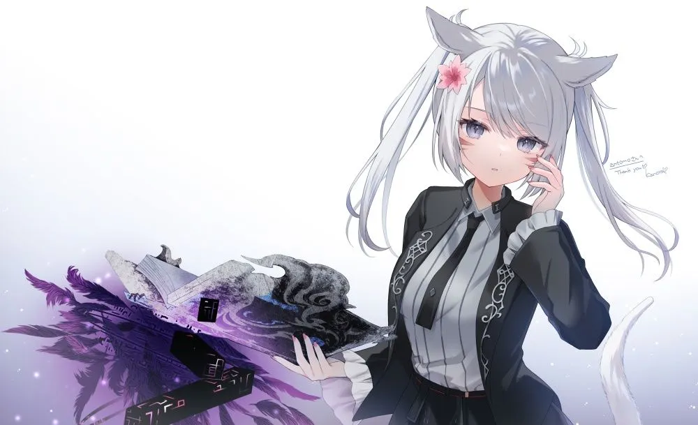 1girl animal_ears bangs black_jacket black_necktie cat_ears collared_shirt flower grey_eyes hair_flower hair_ornament jacket long_hair long_sleeves looking_at_viewer miqo_te necktie open_clothes open_jacket parted_lips shirt silver_hair skirt solo twintails white_shirt kanora