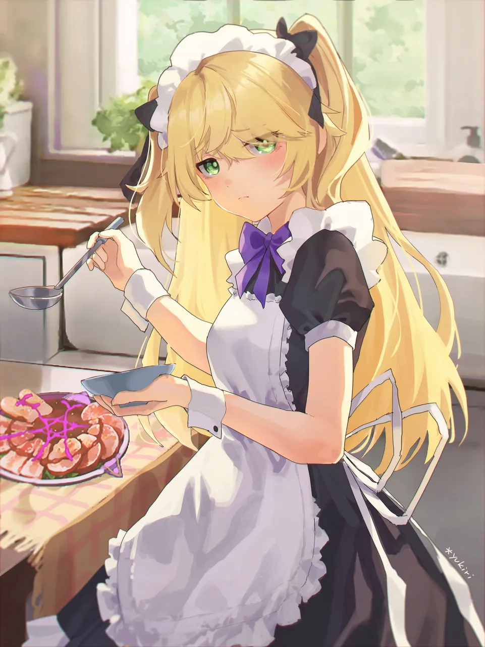 1girl alternate_costume apron black_dress black_ribbon blonde_hair blush bow bowtie breasts cooking cuff_links die_heilige_sinfonie__genshin_impact dress enmaided frilled_apron frilled_hairband frills green_eyes hair_over_one_eye hair_ribbon hairband holding holding_ladle indoors kitchen ladle long_hair looking_at_viewer maid maid_apron maid_headdress no_eyepatch plant plate potted_plant puffy_sleeves purple_bow purple_bowtie purple_ribbon ribbon shiny_skin short_sleeves sliced_meat small_breasts solo table two_side_up white_apron window wrist_cuffs yukiri__l_ii genshin_impact fischl__genshin_impact