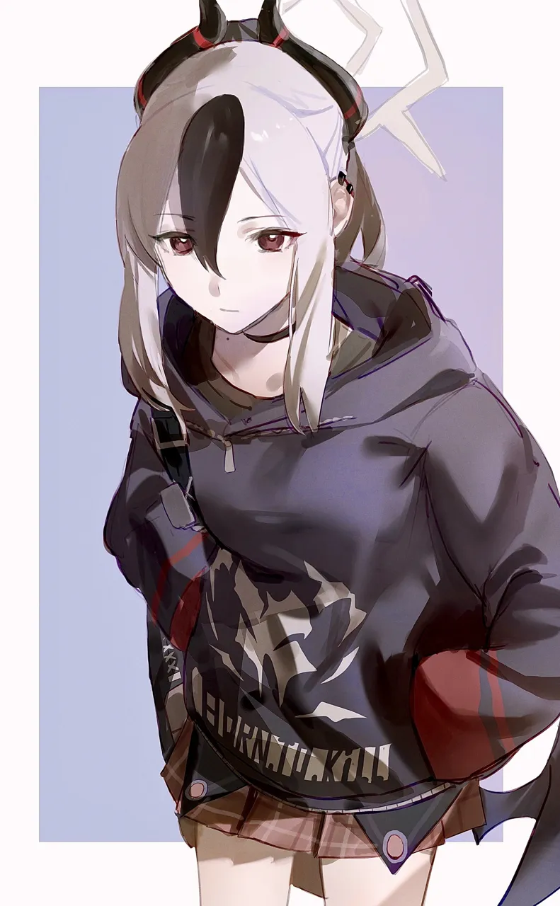 1girl backpack bag black_hair black_hoodie black_shirt breasts choker closed_mouth cowboy_shot ear_piercing grey_hair hair_between_eyes halo hands_in_pockets hood hoodie horns long_sleeves looking_at_viewer low_wings medium_hair miniskirt mole multicolored_hair piercing pleated_skirt ponytail red_eyes red_skirt shirt sidelocks single_wing skirt small_breasts solo two_tone_hair wings flatshi blue_archive kayoko__blue_archive