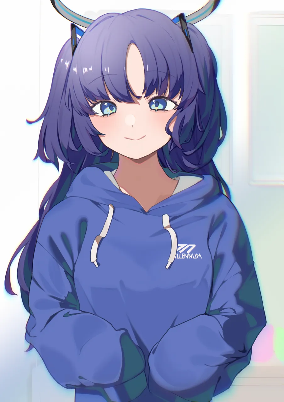 1girl blue_eyes blue_hoodie clothes_writing halo hood hoodie long_hair long_sleeves looking_at_viewer mechanical_halo puffy_long_sleeves puffy_sleeves purple_hair sleeves_past_fingers sleeves_past_wrists solo two_side_up upper_body hijo__nakare2845 blue_archive yuuka__blue_archive