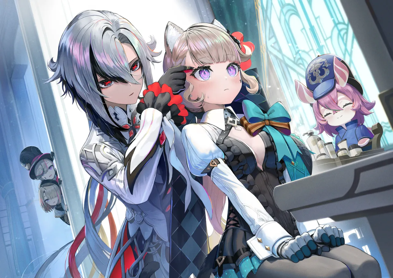 2boys 3girls animal_ears animal_hands applying_makeup aqua_bow beret black_dress black_eyes black_hair black_hands black_pantyhose blue_coat blunt_bangs blush bottle bow breasts brother_and_sister brothers cart cat_ears cat_girl cleavage clenched_hands closed_mouth coat collared_shirt colored_extremities crossed_bangs curtains dress dutch_angle facial_mark gloves grey_coat grey_hair hair_between_eyes hair_over_one_eye hands_on_own_legs hat holding holding_brush huge_bow indoors juliet_sleeves large_breasts leaning_forward long_hair long_sleeves lotion_bottle mascara_wand melusine__genshin_impact multicolored_hair multiple_boys multiple_girls pantyhose peeking peeking_out police_hat puffy_sleeves purple_eyes purple_hair red_pupils shirt siblings sidelocks sitting smile star__symbol star_facial_mark streaked_hair sweatdrop symbol_shaped_pupils table teardrop_facial_mark top_hat two_tone_gloves white_hair window wrist_cuffs x_shaped_pupils pi__p77777778 genshin_impact arlecchino__genshin_impact blathine__genshin_impact freminet__genshin_impact lynette__genshin_impact lyney__genshin_impact