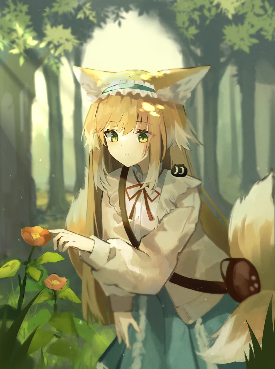 1girl aged_up animal_ears bag blonde_hair blue_hairband blue_skirt blush brown_bag cardigan cowboy_shot day flower forest fox_ears fox_girl fox_tail frilled_hairband frills green_eyes hair_down hairband kitsune leaning_forward long_hair long_sleeves multicolored_hair multiple_tails nature neck_ribbon official_alternate_costume open_cardigan open_clothes orange_flower outdoors red_ribbon ribbon satchel shirt shoulder_bag skirt smile solo straight_hair streaked_hair tail tree white_hair white_shirt yellow_cardigan kokao358 arknights luo_xiaohei_zhanji heixiu__luo_xiaohei_zhanji suzuran__arknights suzuran__spring_praise__arknights