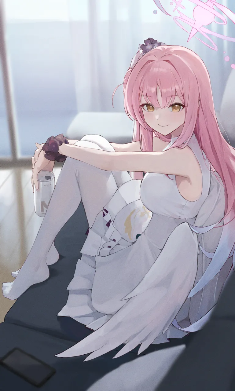 1girl blush breasts cellphone_photo dress feathered_wings feet hair_between_eyes hair_bun hair_intakes halo indoors knees_up legs looking_at_viewer low_wings medium_breasts multicolored_hair no_shoes pantyhose pink_hair scrunchie single_side_bun sitting sleeveless sleeveless_dress smile solo streaked_hair toes white_dress white_pantyhose white_wings wings wrist_scrunchie jiang_zhuti_jiojio blue_archive mika__blue_archive