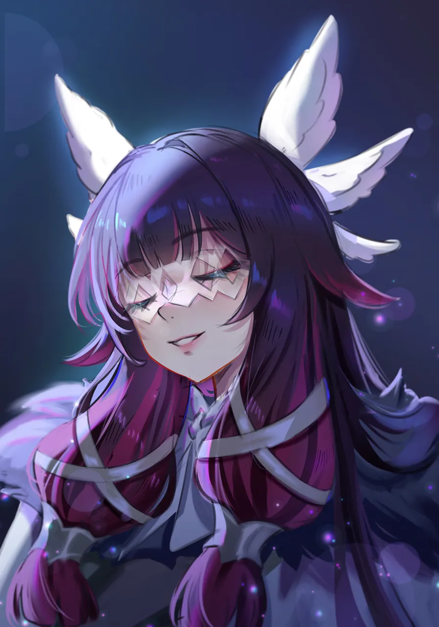 1girl closed_eyes eye_mask fatui_coat fur_trim grin hair_ornament hair_over_shoulder lens_flare long_hair parted_lips smile solo teeth mihan__mihan_art genshin_impact columbina__genshin_impact