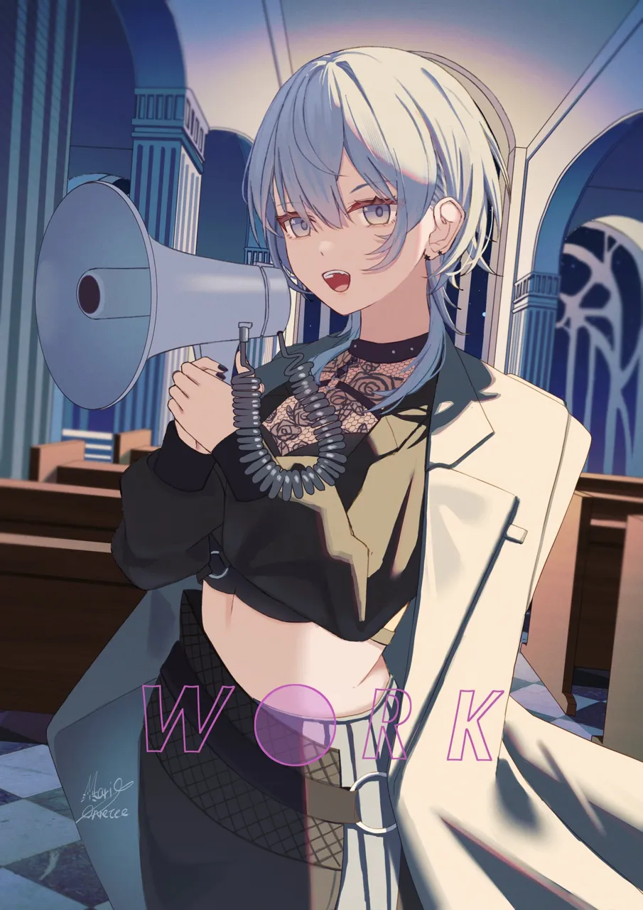 1girl alternate_costume black_nails black_shirt blue_eyes blue_hair double_parted_bangs ear_piercing grey_jacket holding holding_megaphone jacket long_sleeves megaphone midriff nail_polish navel night open_clothes open_jacket open_mouth piercing pillar shirt short_hair solo star__symbol star_in_eye symbol_in_eye virtual_youtuber maria_onnette hololive hoshimachi_suisei__hololive