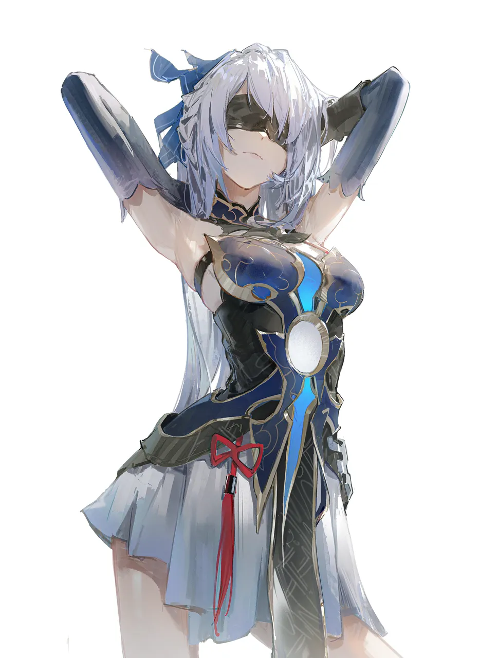 1girl armpits arms_up black_blindfold blindfold blue_dress blue_ribbon breasts closed_mouth covered_eyes dino__dinoartforame dress hair_ribbon honkai__series honkai__star_rail jingliu__honkai__star_rail medium_breasts presenting_armpit ribbon simple_background smile solo standing white_background white_hair