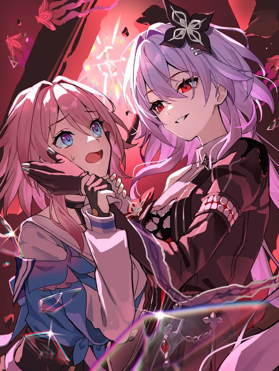 2girls archery_shooting_glove black_flower black_gloves blue_eyes broken_glass dress dual_persona flower glass gloves hair_between_eyes hair_flower hair_intakes hair_ornament hairclip hands_on_another_s_cheeks hands_on_another_s_face holding_another_s_wrists long_hair long_sleeves low_twintails multicolored_eyes multiple_girls official_alternate_costume official_alternate_eye_color open_mouth parallel_hairclips partially_fingerless_gloves pink_eyes pink_hair purple_hair red_eyes smile twintails two_tone_eyes upper_body uuroncha honkai__star_rail honkai__series evernight__honkai__star_rail march_7th__honkai__star_rail