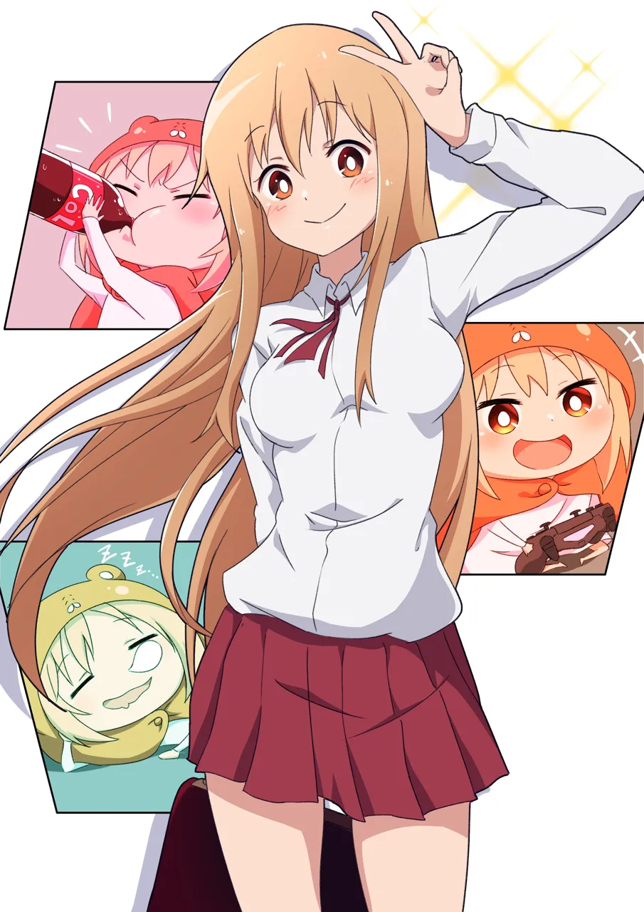1girl blonde_hair blush bottle breasts chibi chibi_inset cola drinking floating_hair hamster_costume holding holding_bottle hood hood_up long_hair long_sleeves looking_at_viewer medium_breasts multiple_views open_mouth orange_eyes orange_hair orange_hood red_skirt school_uniform shirt skirt sleepy smile straight_hair v_over_head very_long_hair white_shirt nishizuki_shino himouto__umaru_chan doma_umaru komaru__himouto__umaru_chan